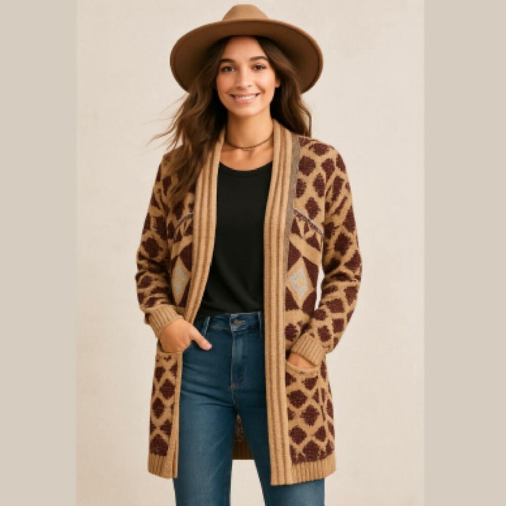 ENTRO Aztec Print Boho Tan Long Cardigan Sweater size Medium